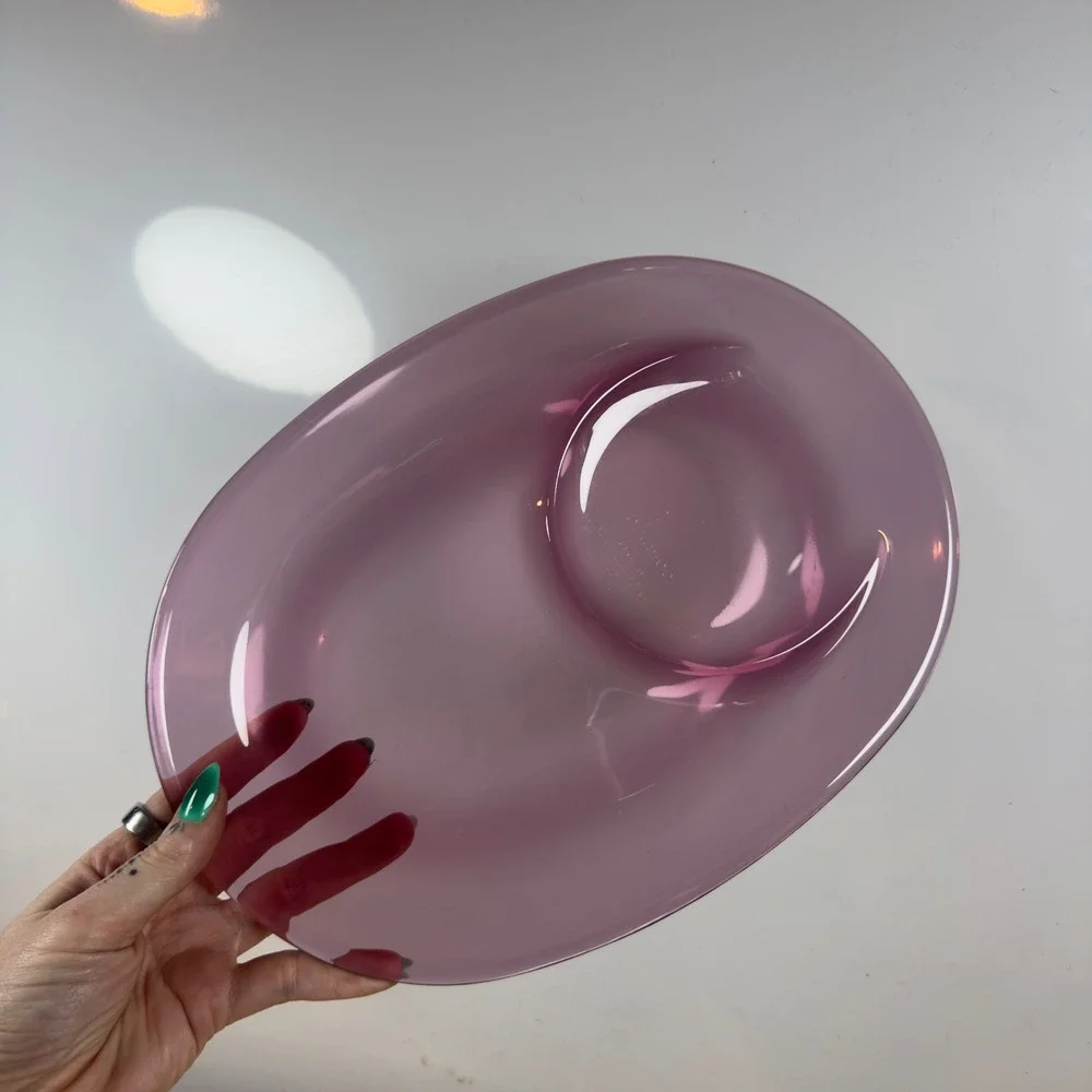 Vintage Corning Visions Cranberry Glass Snack Plate H-811 Oval Cup Holder Pink
